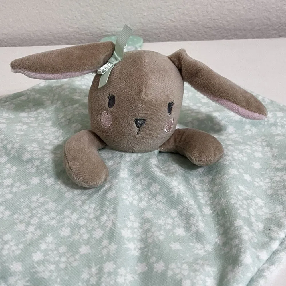 Modern Baby Green Floral Bunny Rabbit Baby Security Blanket Lovey Teether Rattle